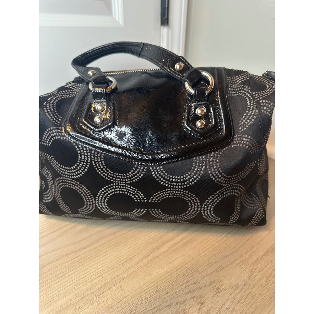 Coach Black Op Art Dotted C Jacquard Patent Leather Satchel Handbag - Picture 2 of 10